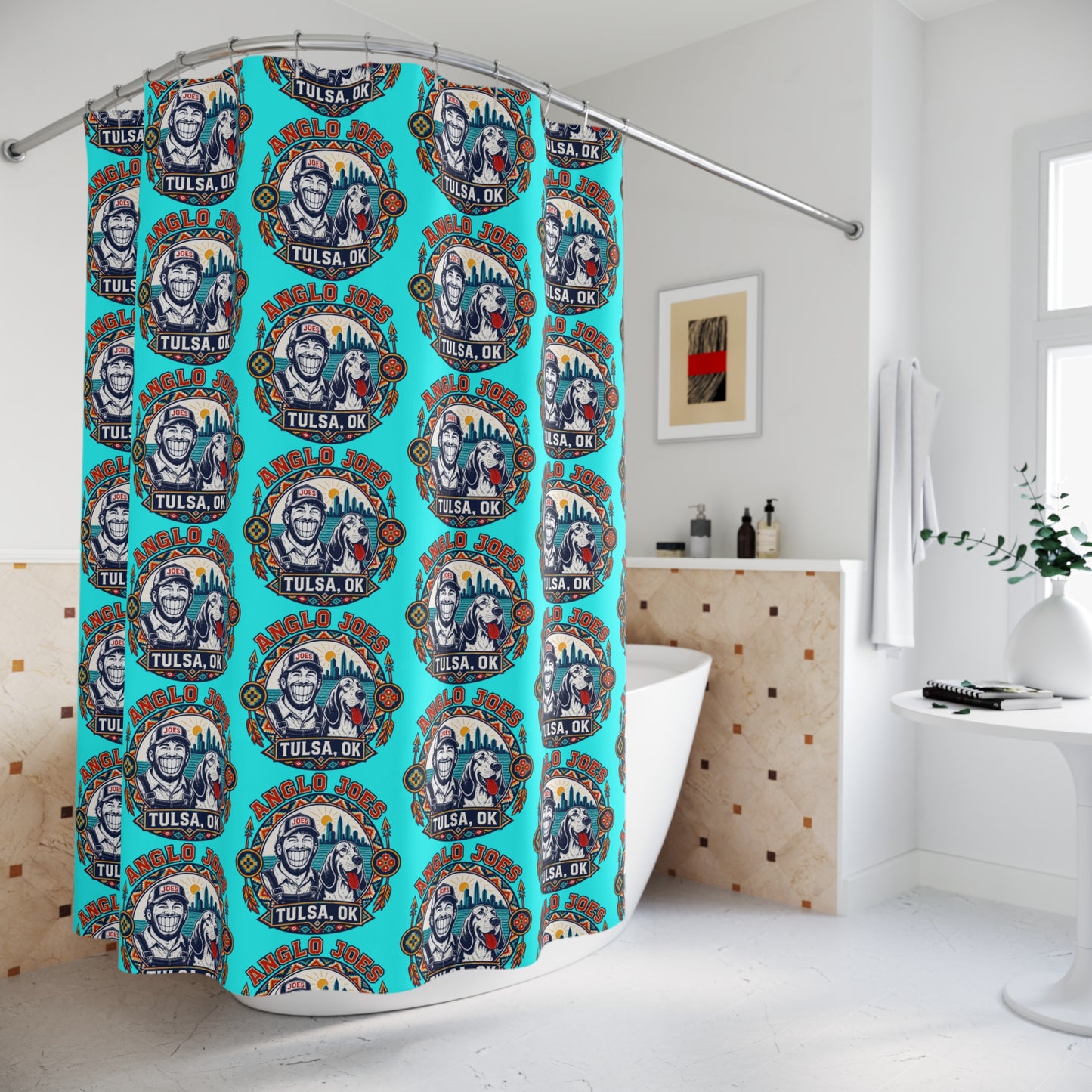 Tulsa Anglo Joe's Patterned Shower Curtain — Retro Logo Bathroom Décor