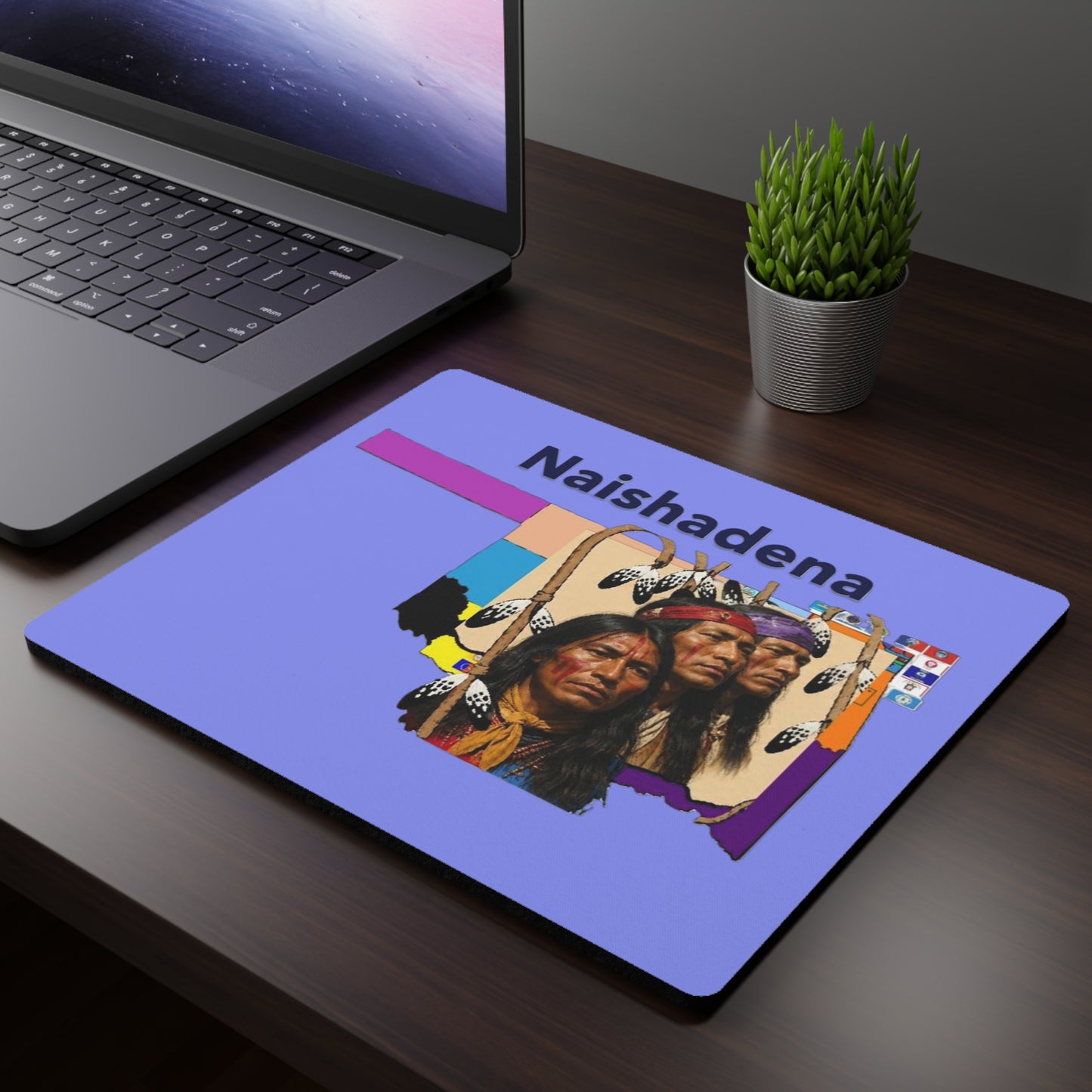 Apache Naishadena Tribal Art Rectangular Mouse Pad — Native American Portrait Desk Mat