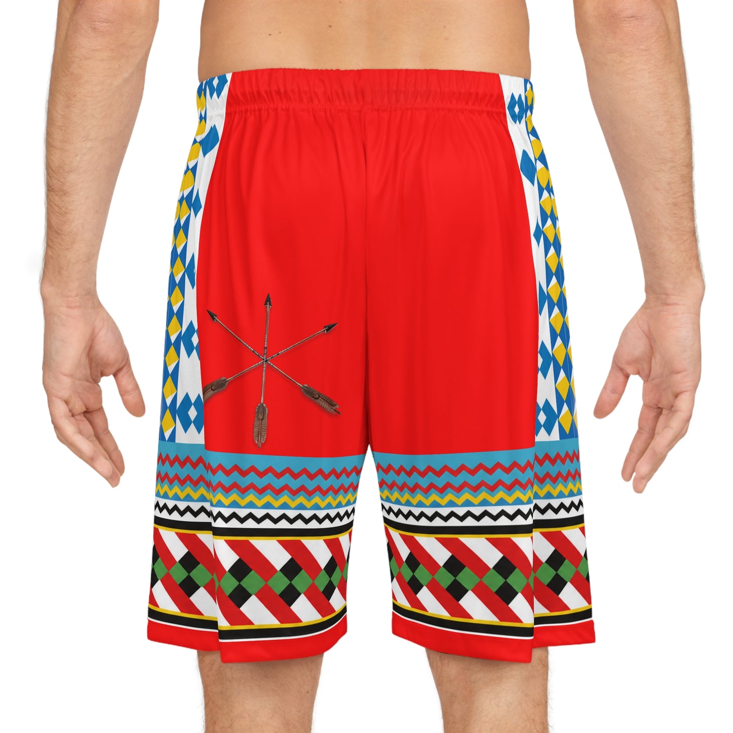 Red Seminole Inspired Pattern Basketball Shorts — Colorful Geometric AOP Athletic Shorts