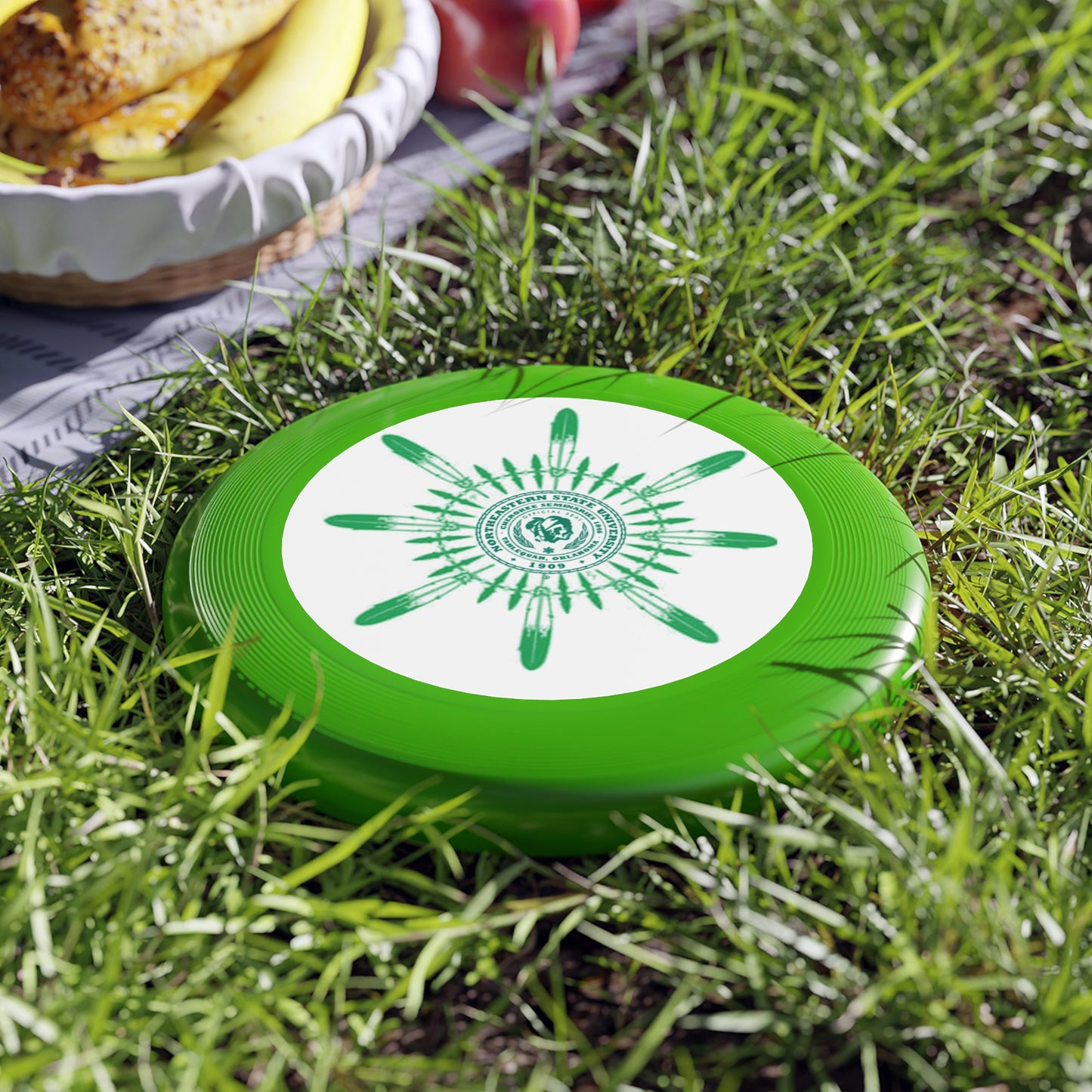 Native NSU Wham‑O Frisbee — Green Sunburst Seal Flying Disc for Campus, Park & Outdoor Games