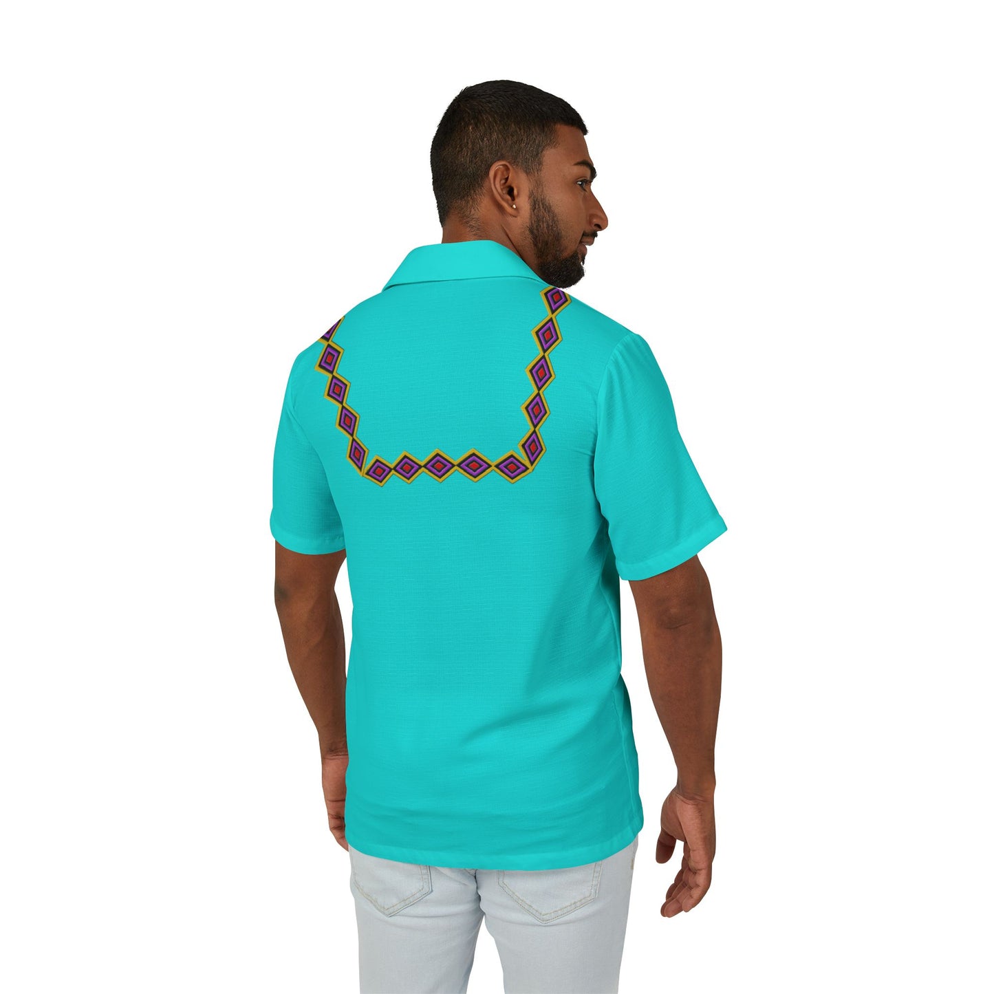 Men's Turquoise Hawaiian Camp Shirt with Geometric Embroidery Pattern