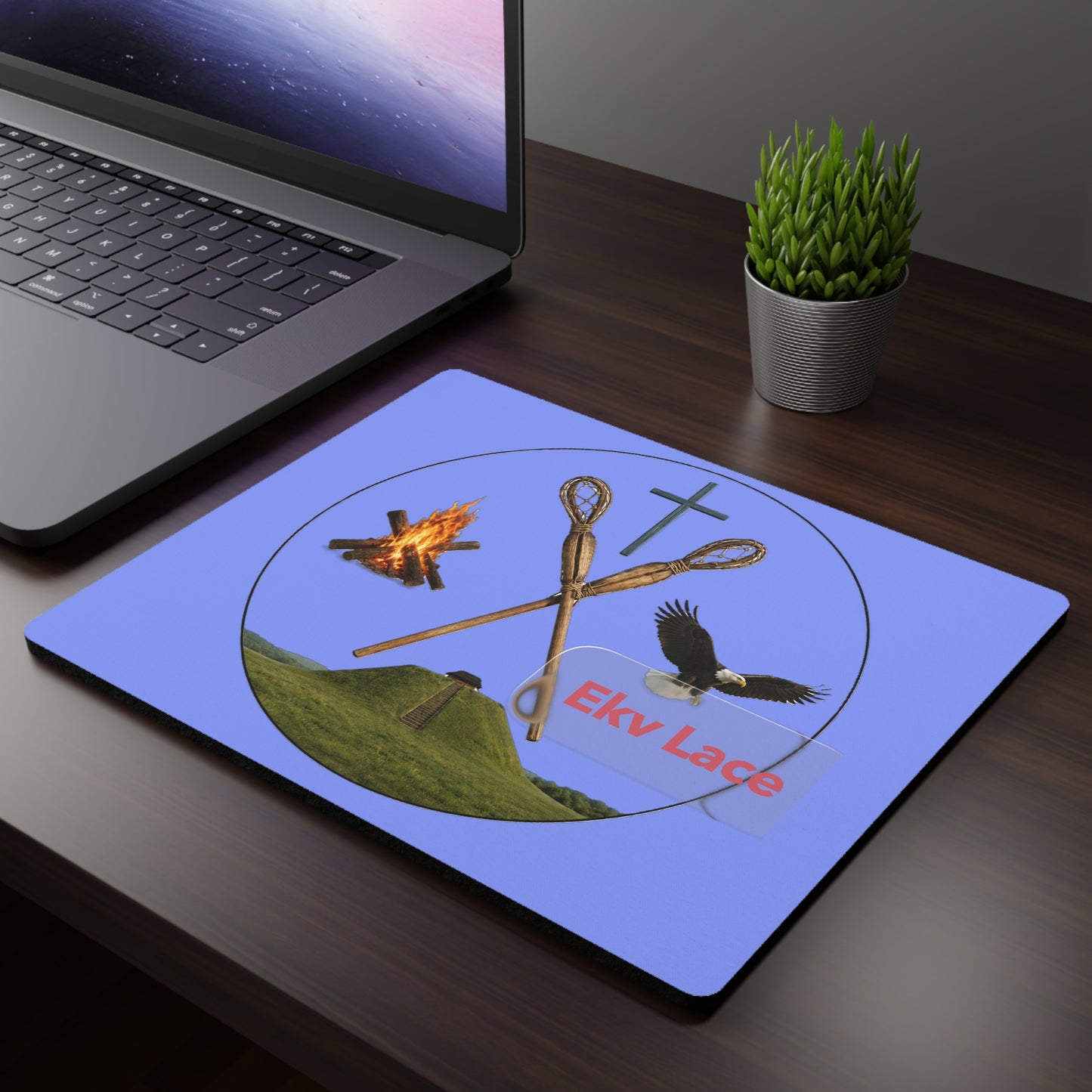 Kialegee Hilltop Lacrosse Mouse Pad — Campfire, Eagle & Cross Design