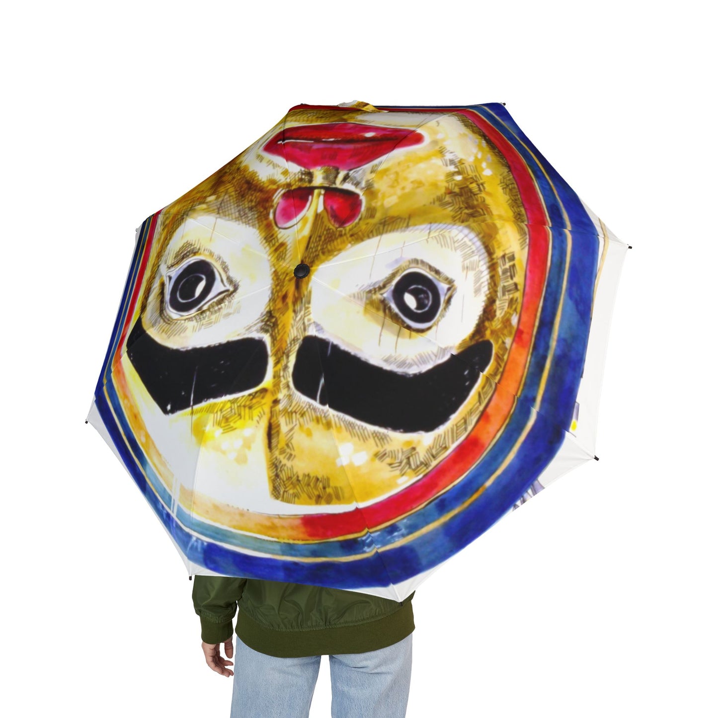Moon Mask Foldable Umbrella — Colorful Mask Face Print, Compact Semi‑Automatic Travel Umbrella