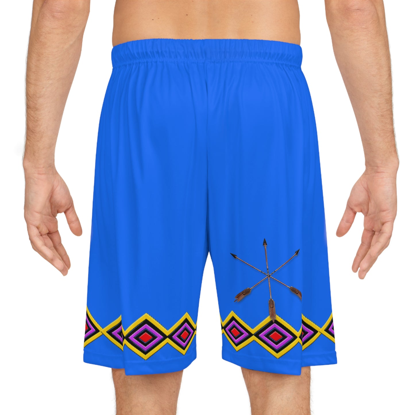 Bear BlueTribal Basketball Shorts — Red AOP Athletic Shorts with Bear & Arrow Motif