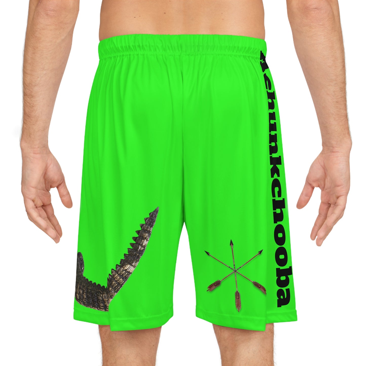 Alligator Achunkchooba Lacrosse Shorts — Neon Green Graphic Basketball Shorts with Croc & Sticks