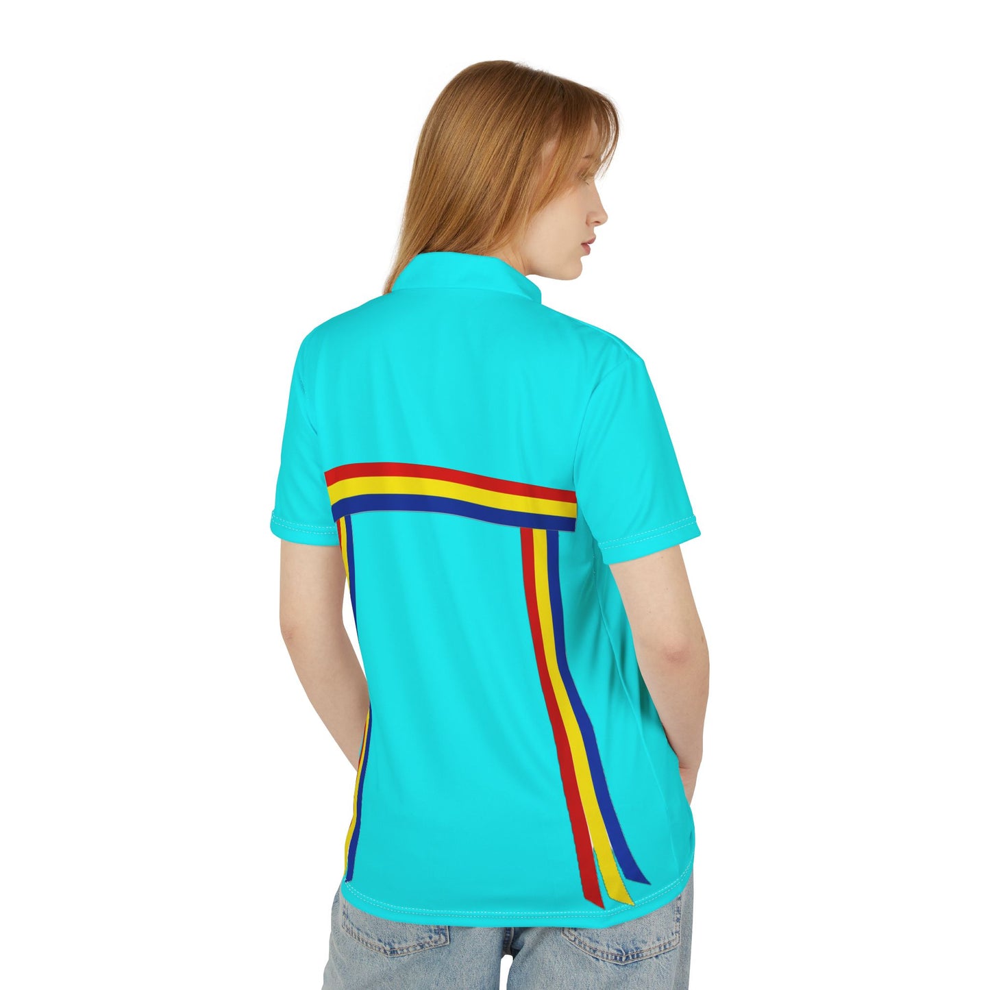 Ribbon Shirt Turquoise Retro Stripe Polo Shirt — Vintage Rainbow Trim Golf Polo
