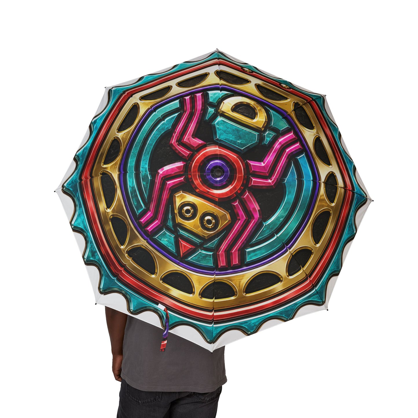 Spider Foldable Umbrella — Colorful Mandala Sunburst Pattern, Semi-Automatic Compact Rain Umbrella