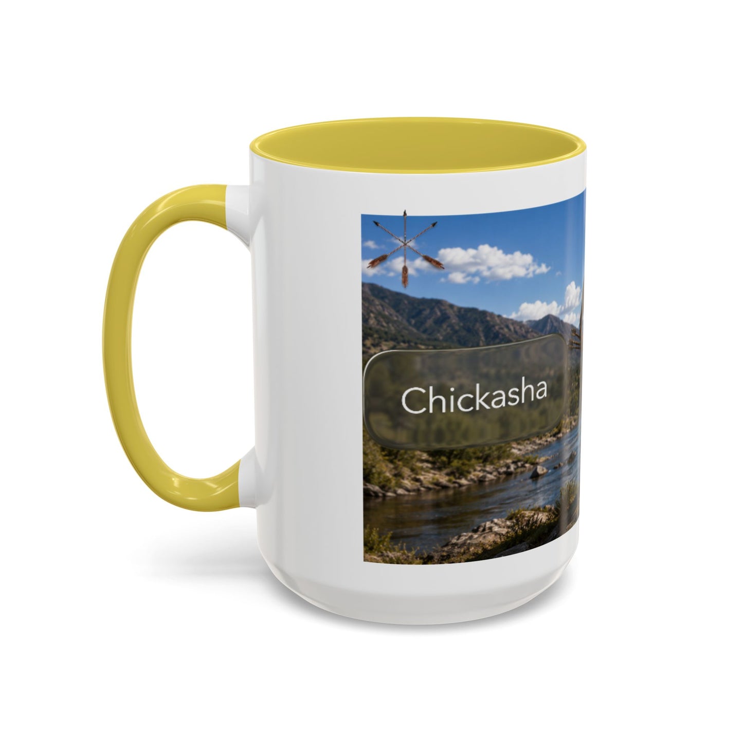 Chickasaw Warrior Statue Scenic Mug — Mythic Landscape Coffee Cup (11oz/15oz)