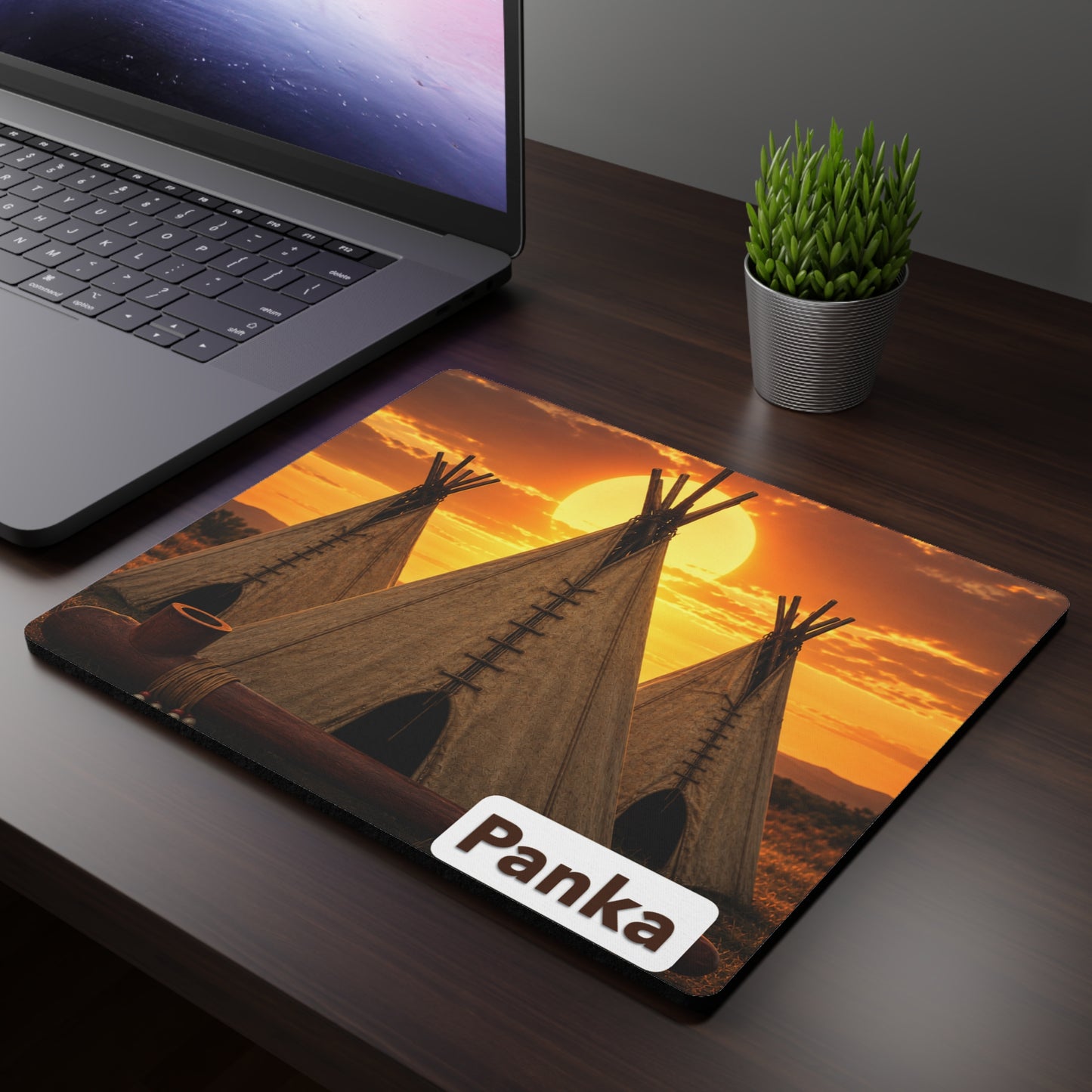 Ponca Teepee Sunset Mouse Pad — Rustic Native-Inspired Desk Mat with 'Panka' Accent