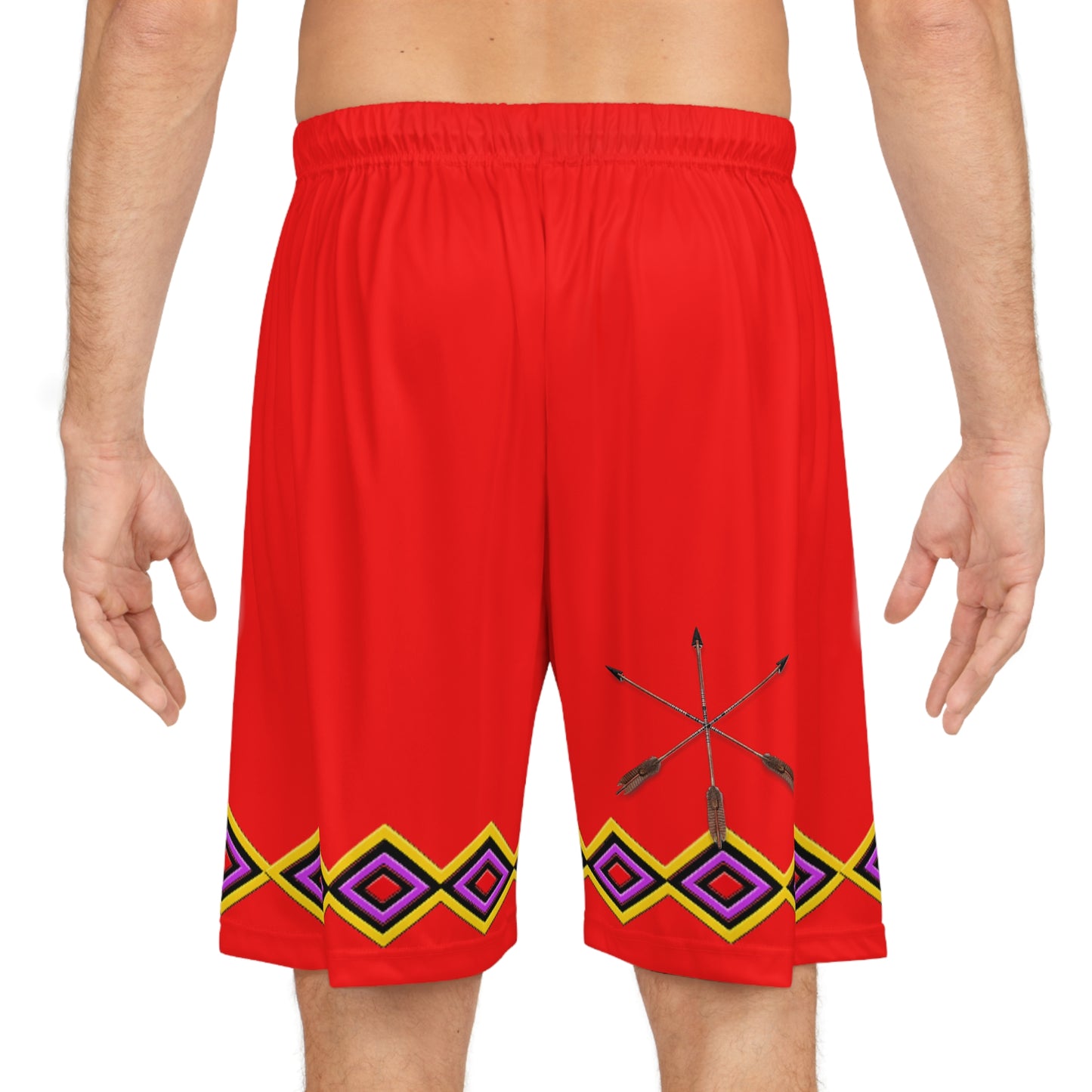 Bear RED Tribal Basketball Shorts — Red AOP Athletic Shorts with Bear & Arrow Motif