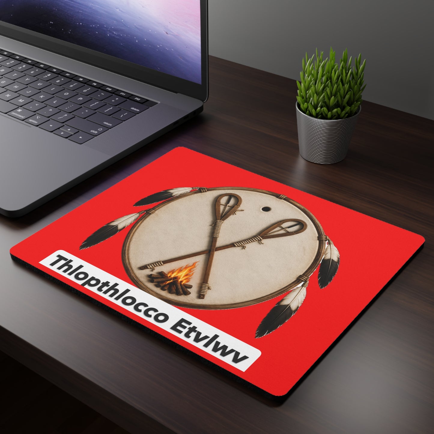 Thlopthlocco Drum & Feathers Rectangular Mouse Pad — Red Native-Inspired Design