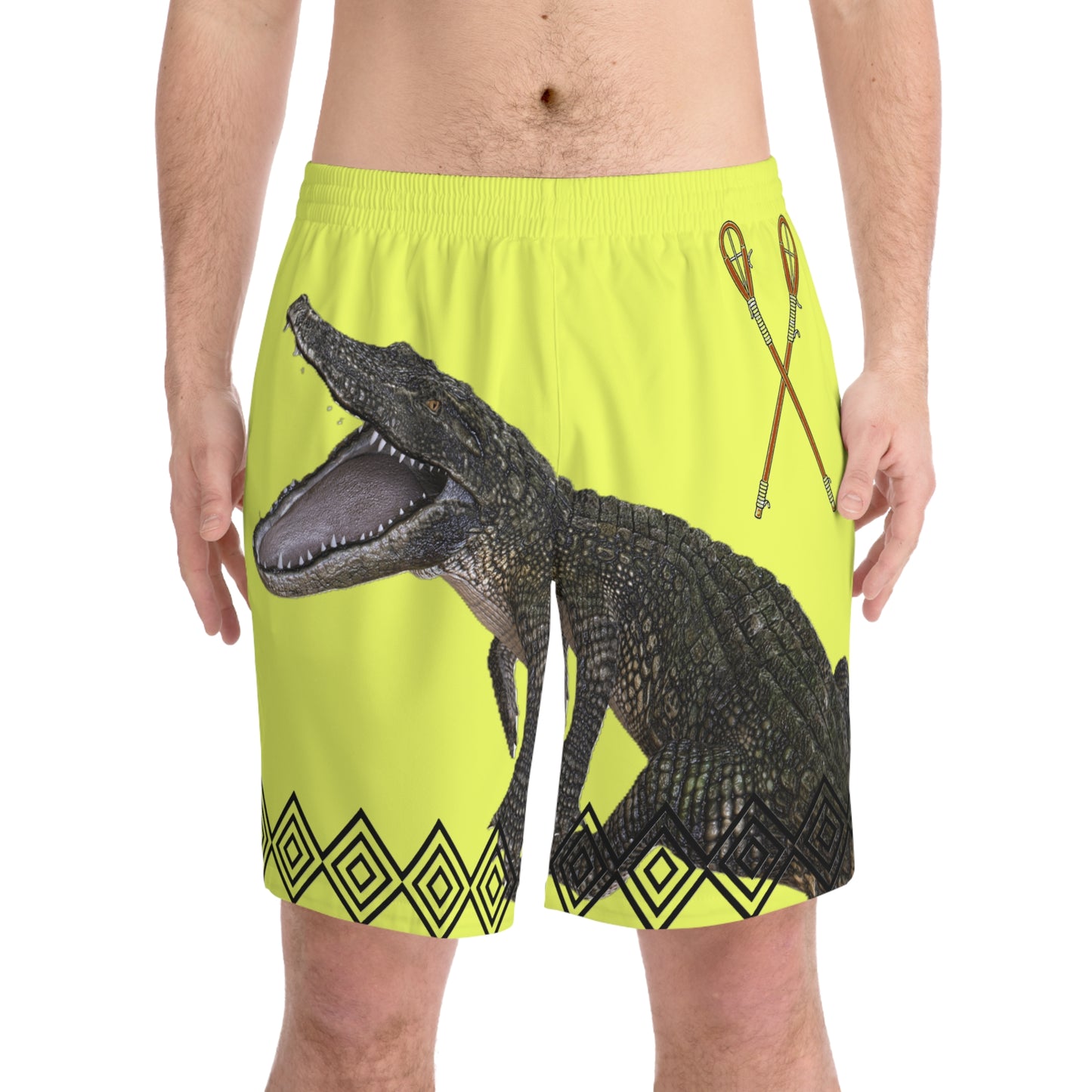 Mvskoke Alligator Beach Shorts — Neon Yellow Men’s Swim Trunks