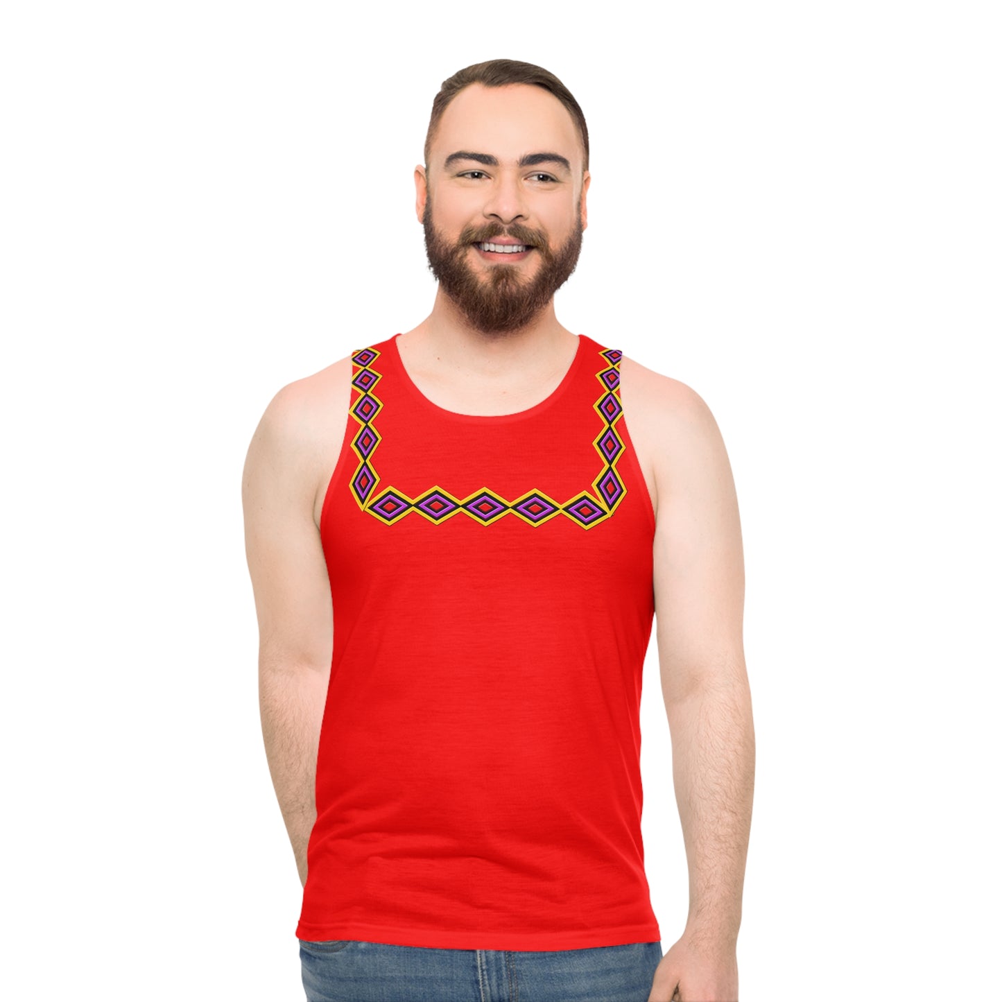 Chahta Red Tribal Diamond Border Tank Top – Geometric Ethnic Neckline Athletic Tank