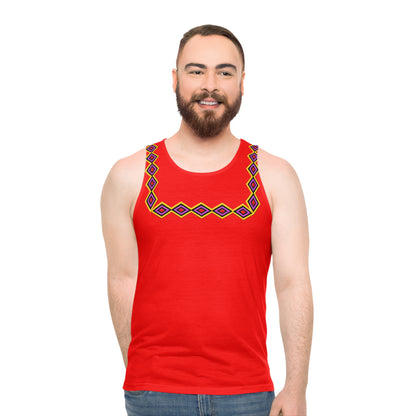 Chahta Red Tribal Diamond Border Tank Top – Geometric Ethnic Neckline Athletic Tank