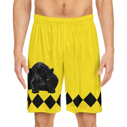 Yellow Panther Basketball Shorts — Retro Diamond Trim AOP