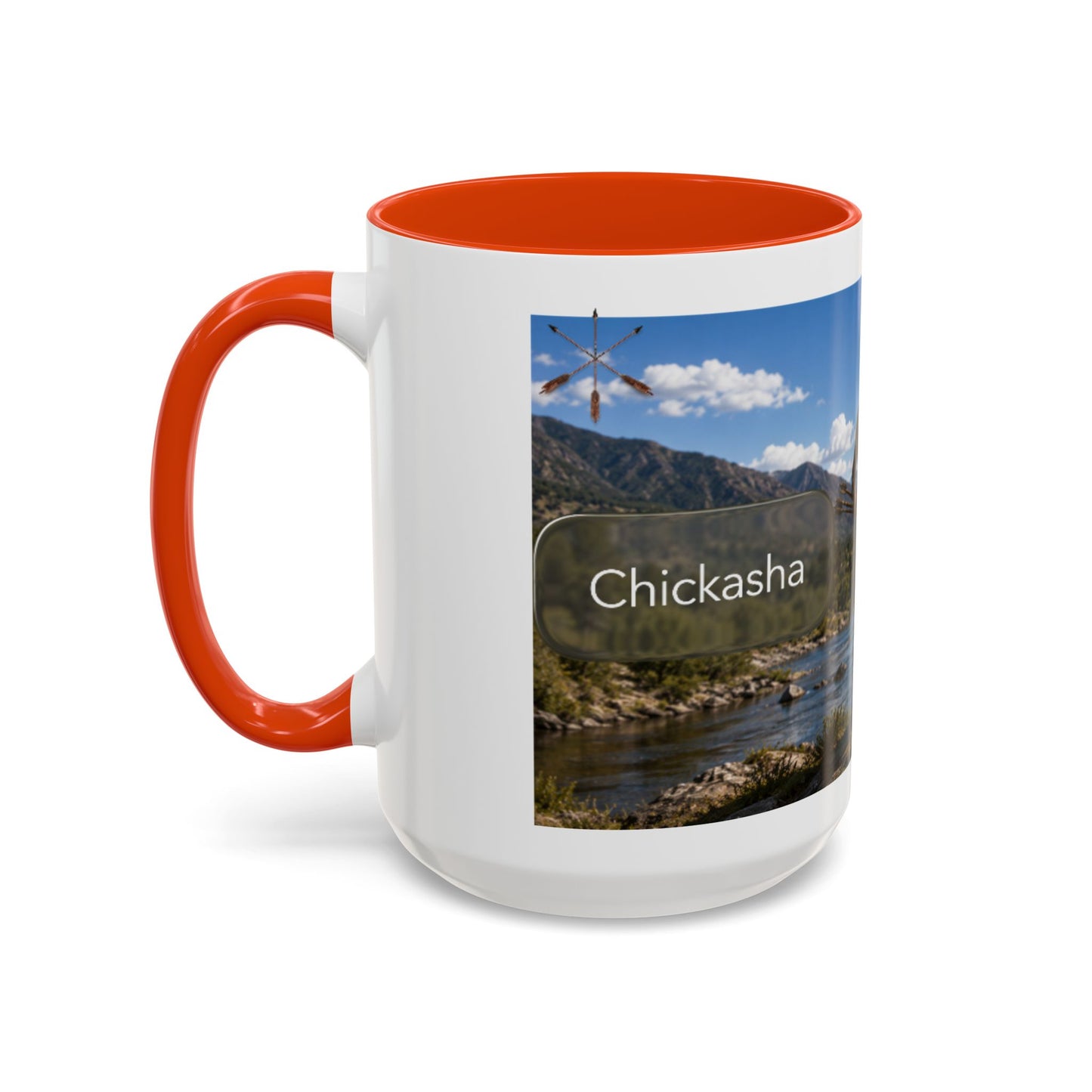 Chickasaw Warrior Statue Scenic Mug — Mythic Landscape Coffee Cup (11oz/15oz)