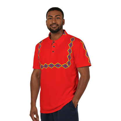 Chahta Polo Red Geometric Tribal Polo Shirt — Men's Casual Ethnic Pattern Golf Polo