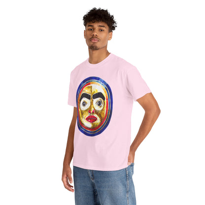 Moon Mask Art Tee — Colorful Surreal Face Graphic T-Shirt
