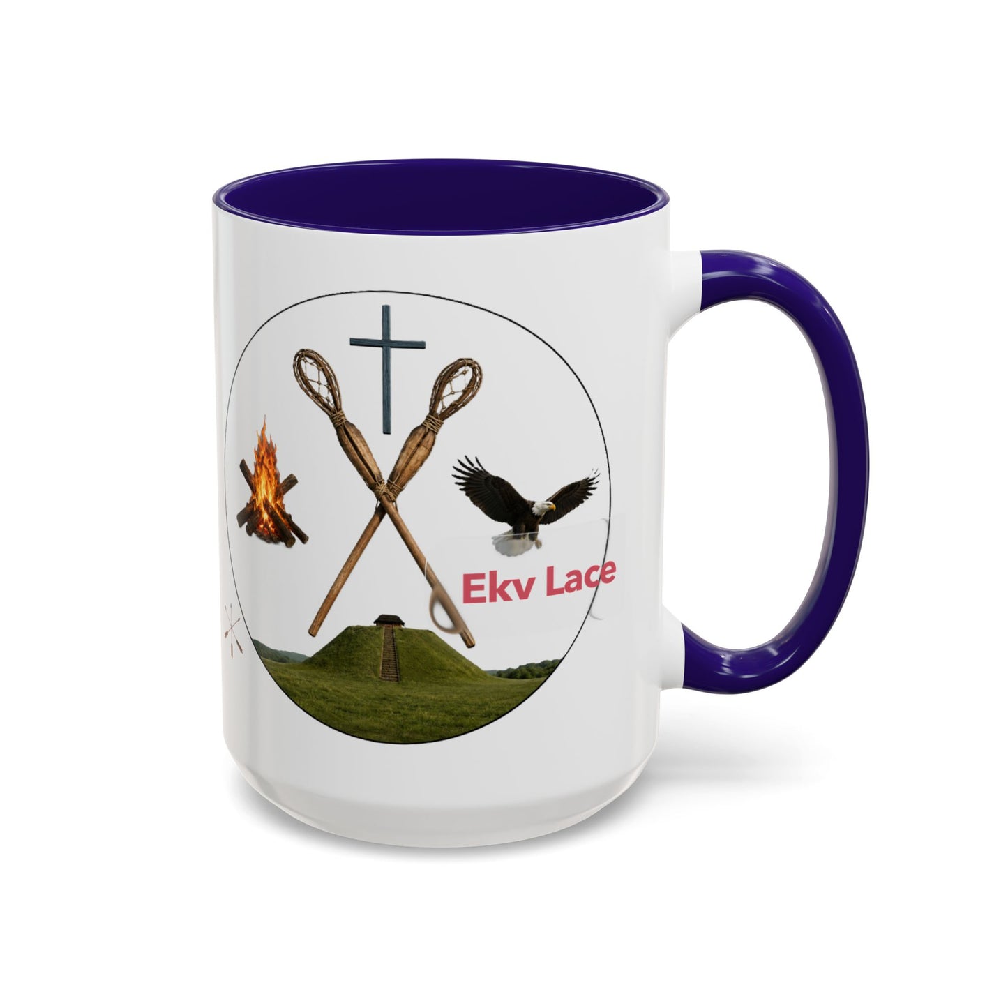 Kialegee Adventure Mug — 'Ekv Lace' Cross, Eagle & Campfire Ceramic Coffee Cup (11oz/15oz)