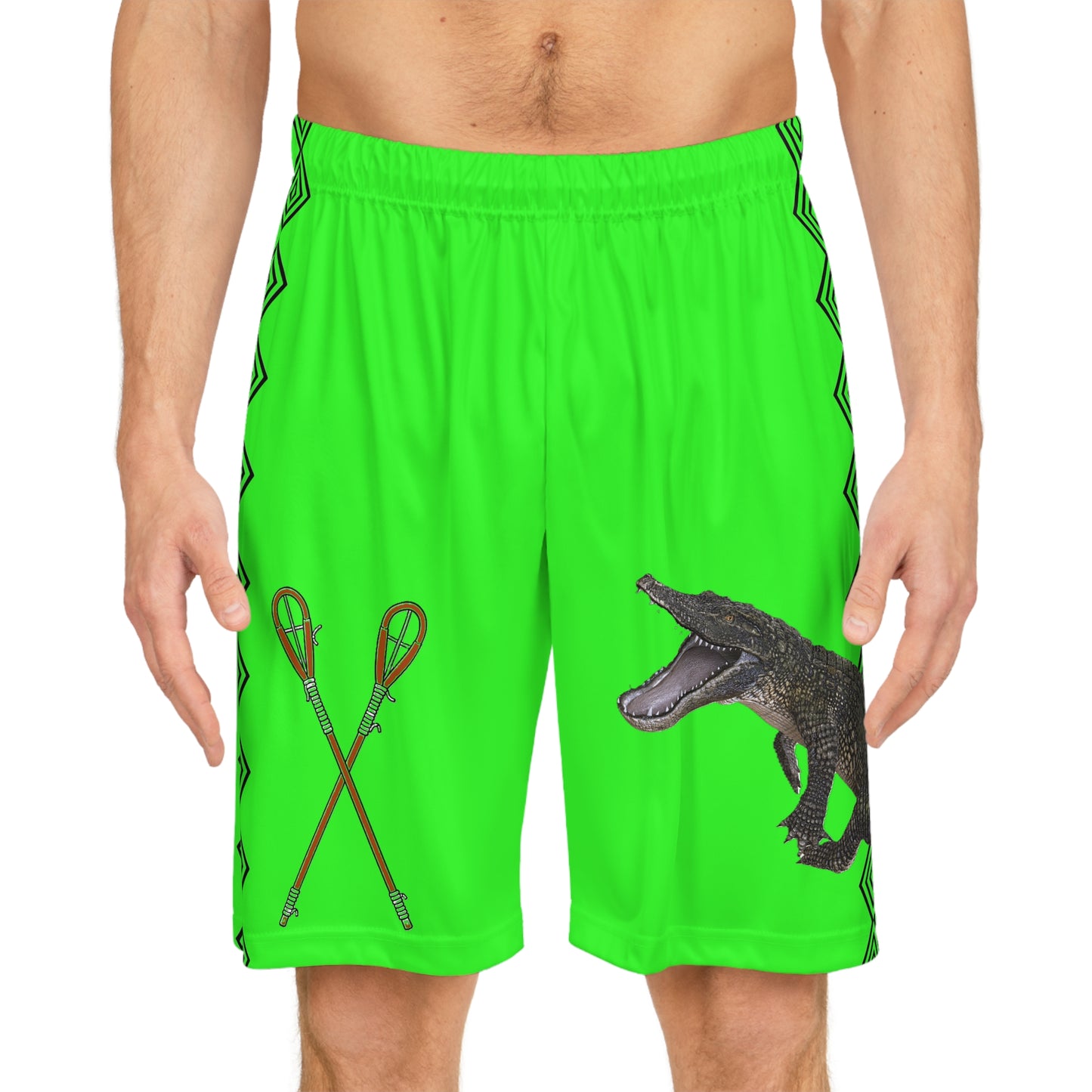 Alligator Achunkchooba Lacrosse Shorts — Neon Green Graphic Basketball Shorts with Croc & Sticks