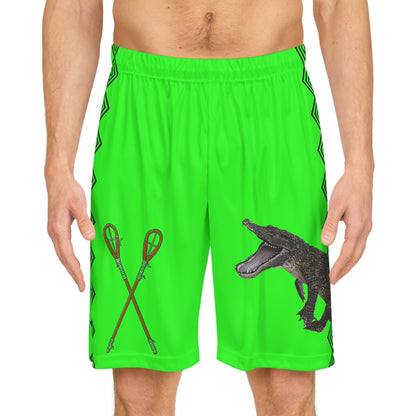 Alligator Achunkchooba Lacrosse Shorts — Neon Green Graphic Basketball Shorts with Croc & Sticks