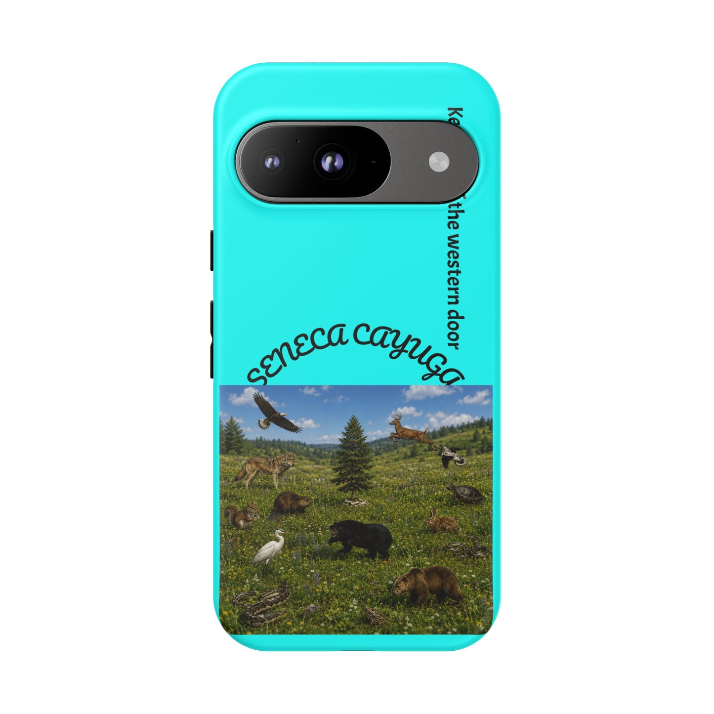 Seneca Cayuga Wildlife iPhone Case — "Keepers of the Western Door" Teal Protective Cover