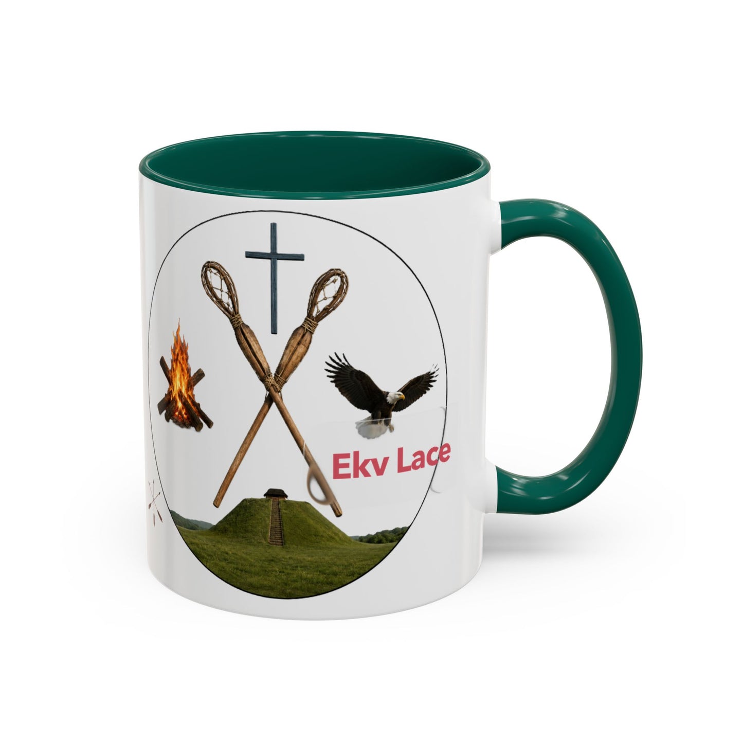 Kialegee Adventure Mug — 'Ekv Lace' Cross, Eagle & Campfire Ceramic Coffee Cup (11oz/15oz)