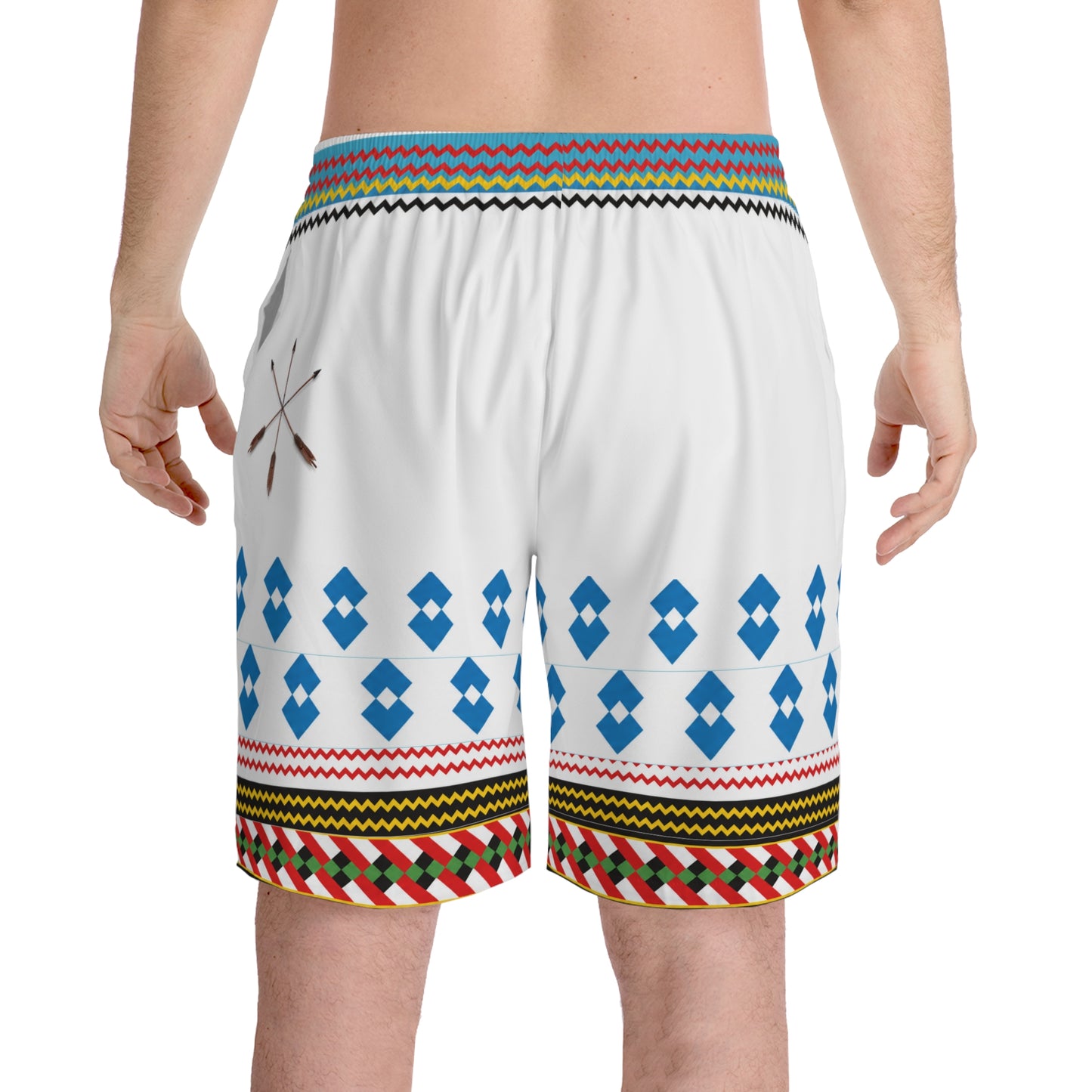 Seminole Tribal Paddle Pattern Men's Beach Shorts — White Geometric AOP Swim Trunks