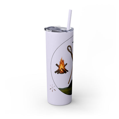 Kialegee 20oz Skinny Tumbler — Faith & Outdoor Lacrosse Design with Cross, Sticks, Campfire
