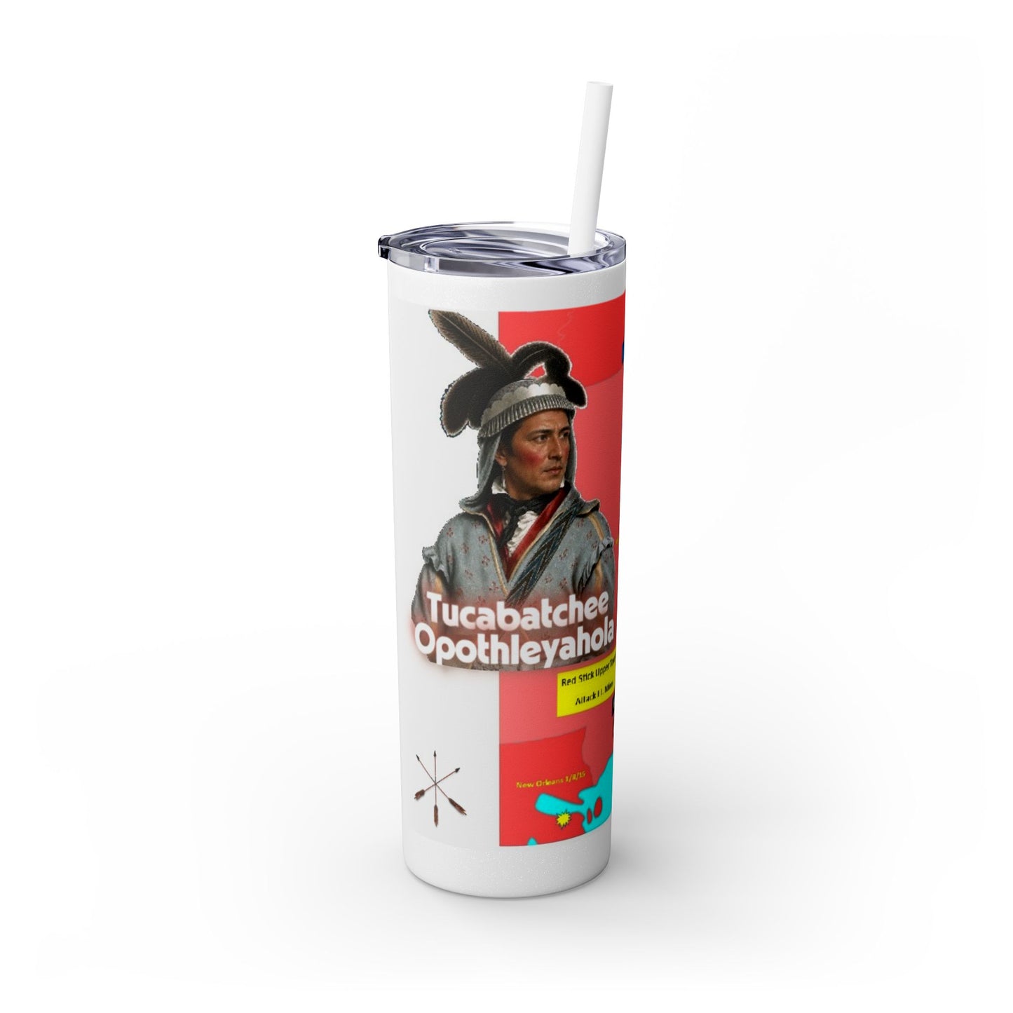 Opothleyahola Skinny Tumbler – Colorful Native American Portrait Design, 20oz Stainless Straw Cup