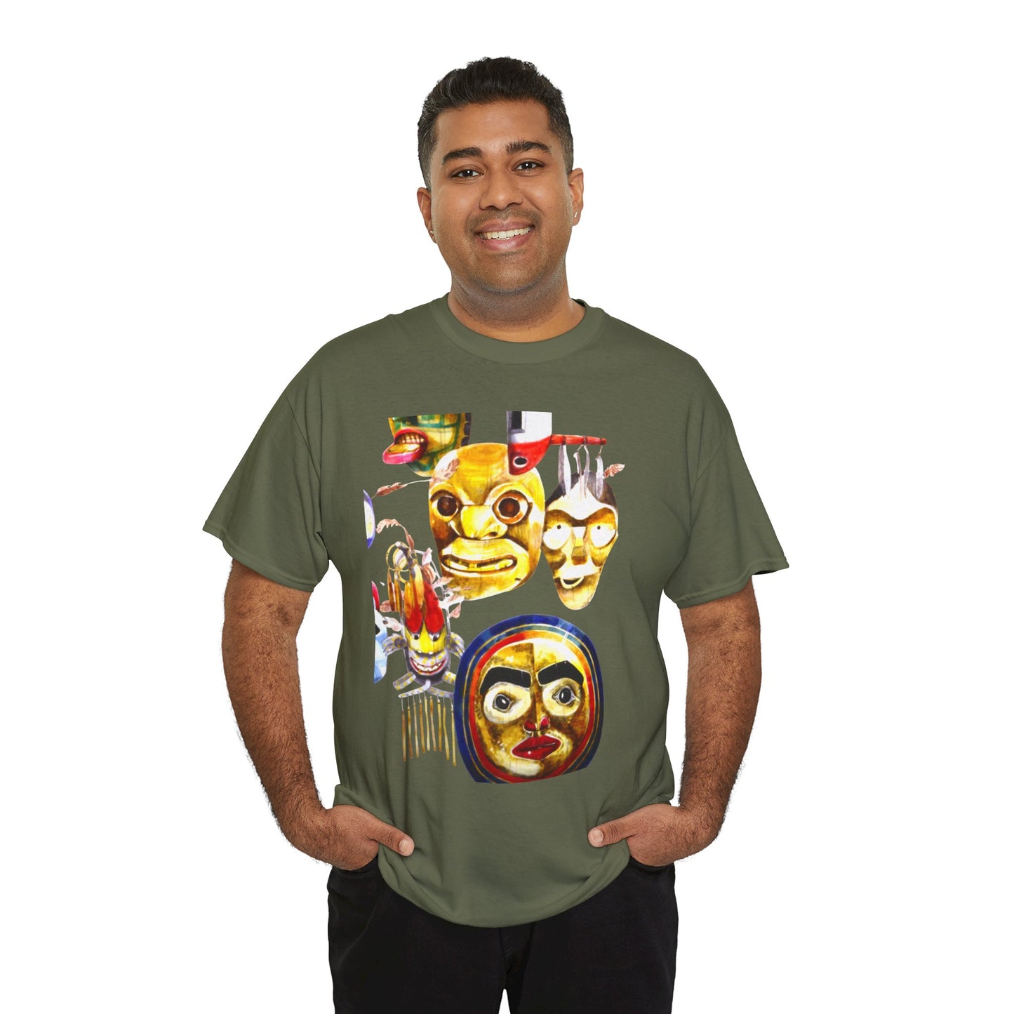 Mask Print Tee — Tribal Mask Artwork T‑Shirt with Arrow Backprint