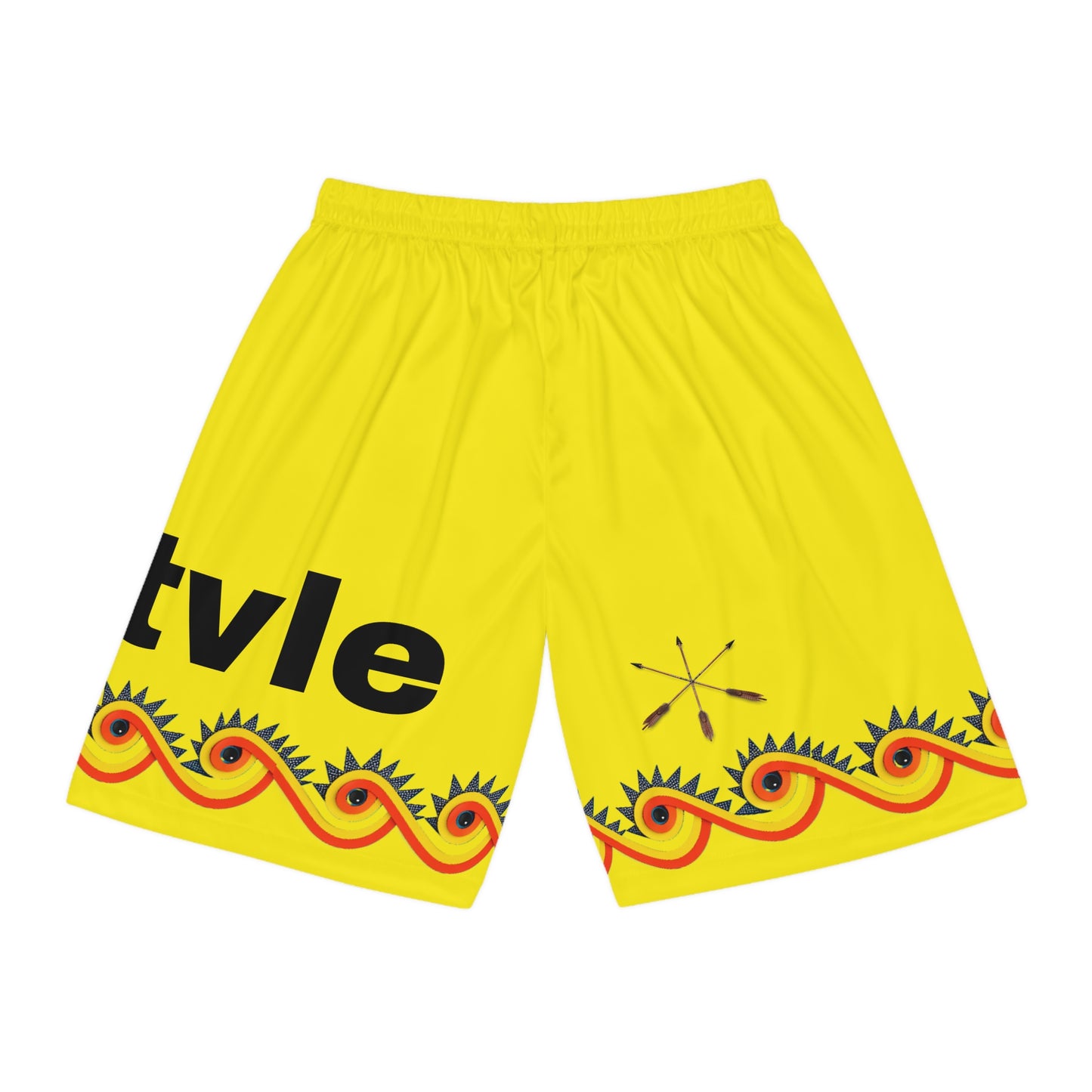 Wind Muscogee Basketball Shorts — Bright Yellow Tribal Lacrosse Graphic AOP