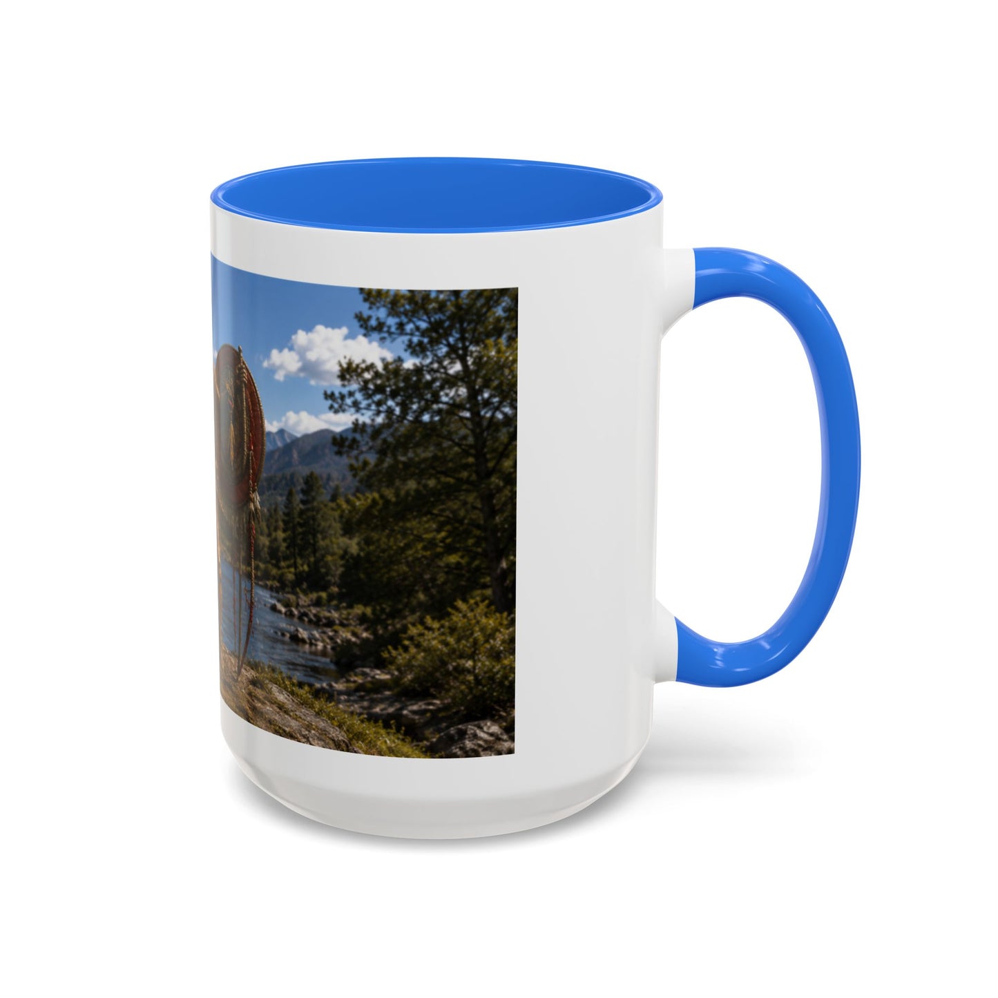 Chickasaw Warrior Statue Scenic Mug — Mythic Landscape Coffee Cup (11oz/15oz)