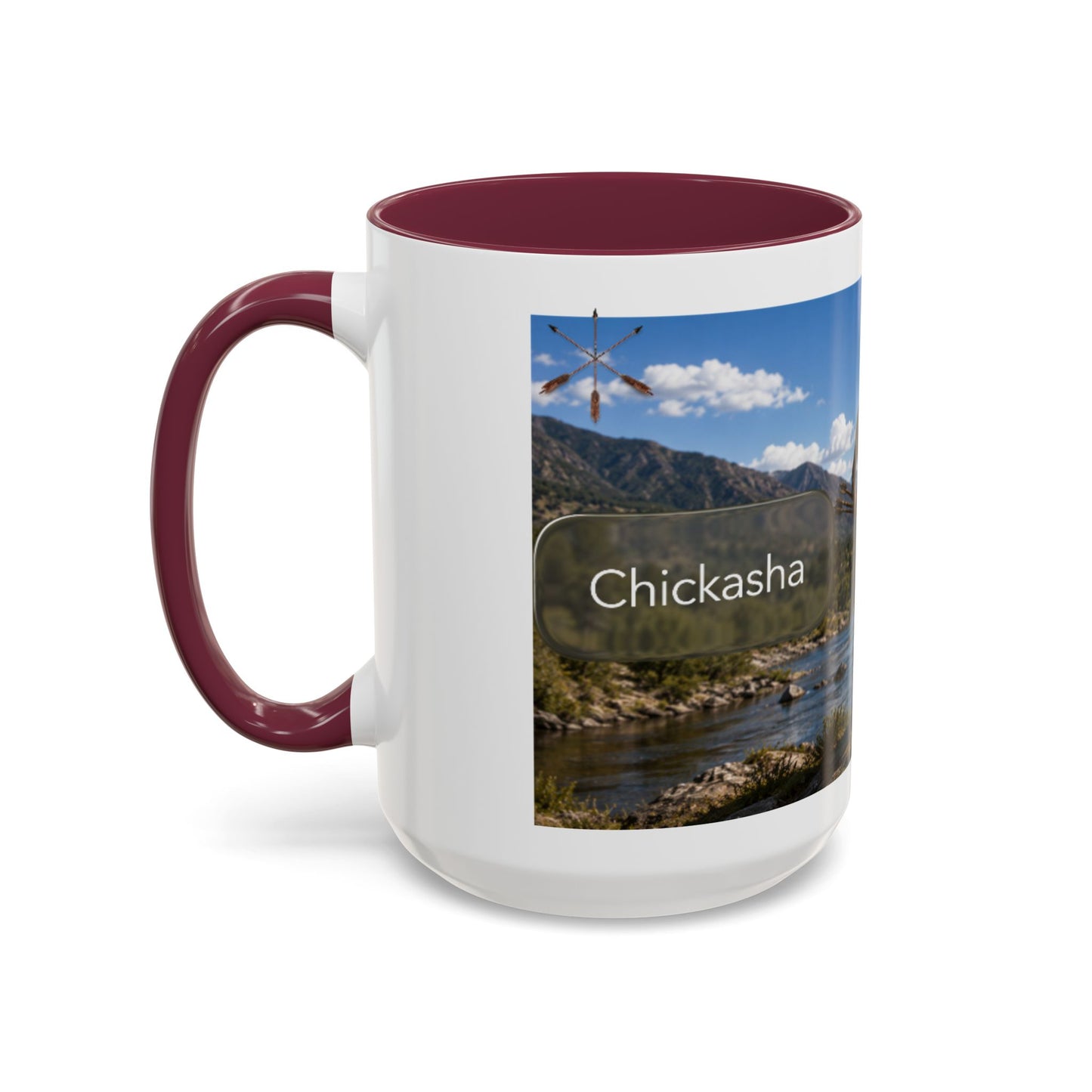 Chickasaw Warrior Statue Scenic Mug — Mythic Landscape Coffee Cup (11oz/15oz)