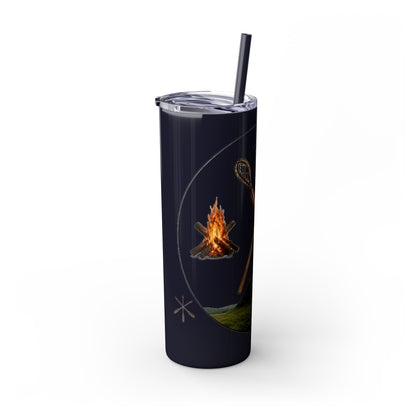 Kialegee 20oz Skinny Tumbler — Faith & Outdoor Lacrosse Design with Cross, Sticks, Campfire