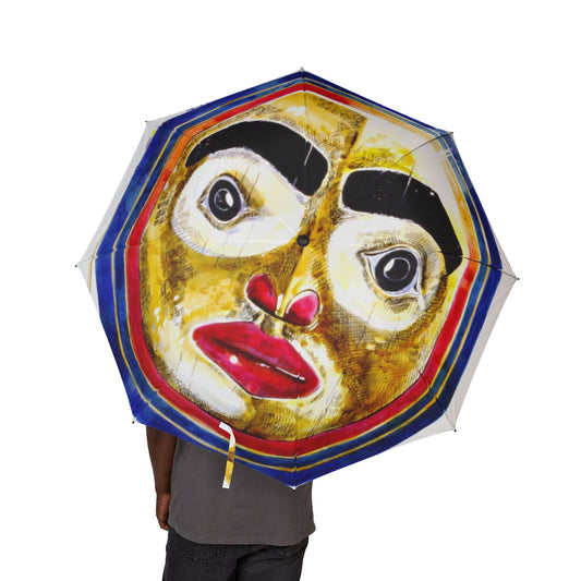 Moon Mask Foldable Umbrella — Colorful Mask Face Print, Compact Semi‑Automatic Travel Umbrella