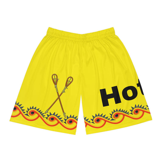 Wind Muscogee Basketball Shorts — Bright Yellow Tribal Lacrosse Graphic AOP