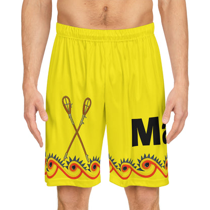 Wind Choctaw Basketball Shorts — Bright Yellow Tribal Lacrosse Graphic AOP
