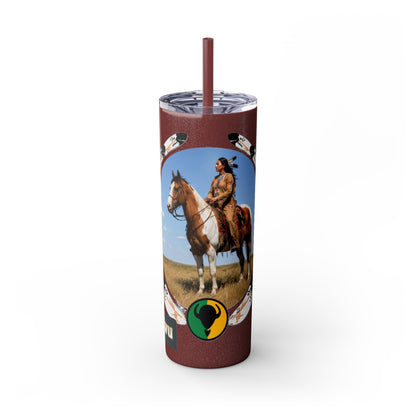 Kiowa Native Warrior on Horse 20oz Skinny Tumbler — Indigenous Heritage Travel Cup with Straw