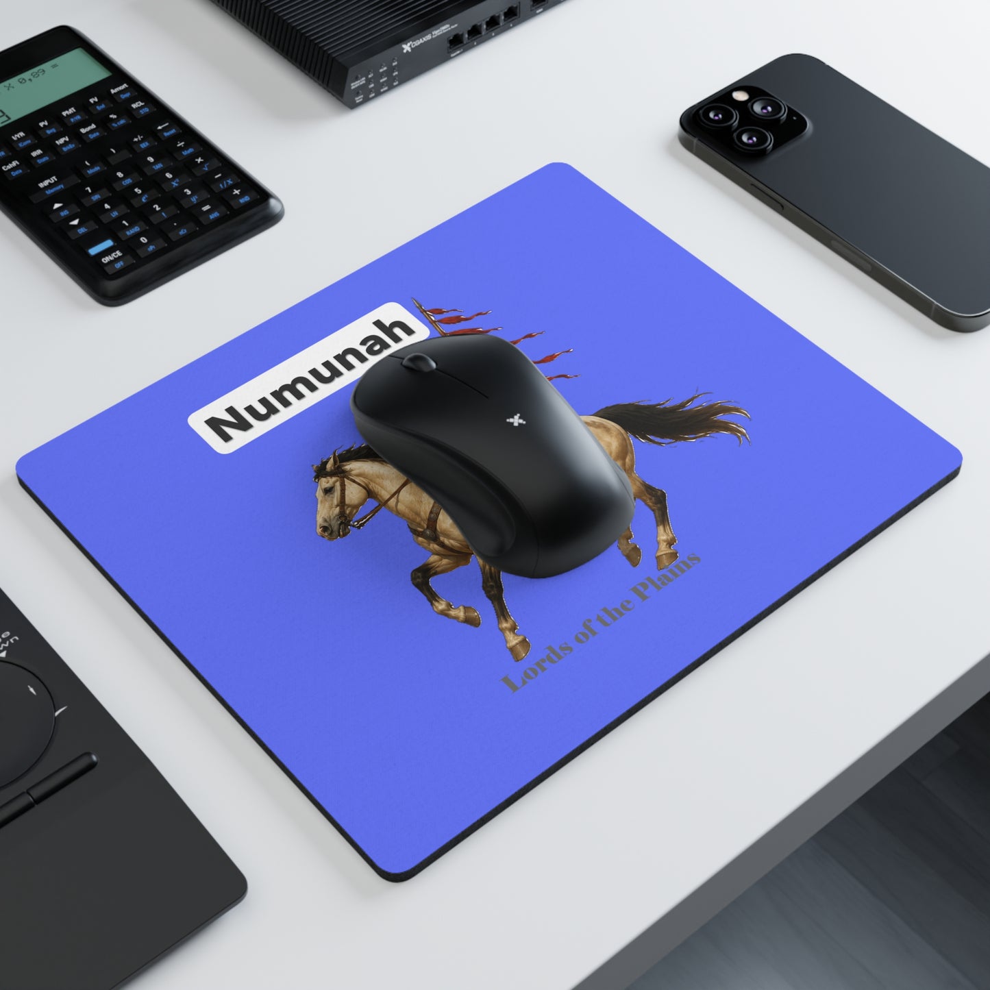 Comanche Numunah Native Rider Mouse Pad — Blue Rectangular Desk Mat