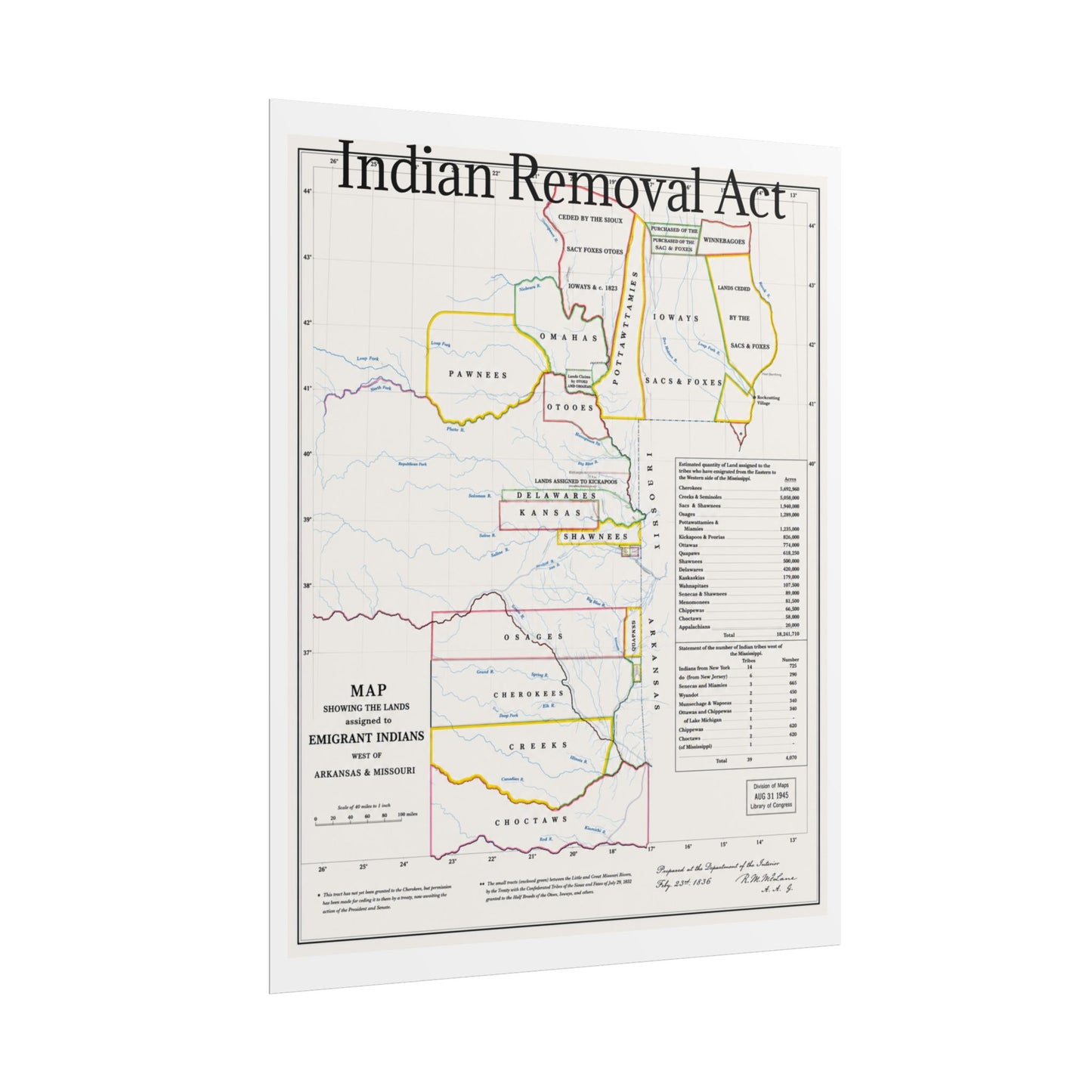 Indian Removal Act Historical Map Poster — Rolled Vintage Map Wall Art