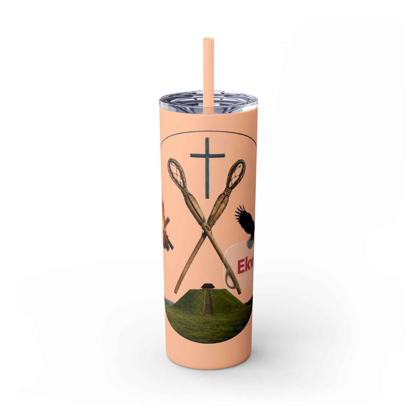 Kialegee 20oz Skinny Tumbler — Faith & Outdoor Lacrosse Design with Cross, Sticks, Campfire