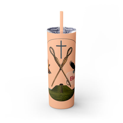 Kialegee 20oz Skinny Tumbler — Faith & Outdoor Lacrosse Design with Cross, Sticks, Campfire