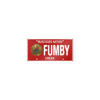 “Fumby Creek” License Plate Vinyl Sticker — Red Kiss-Cut Decal