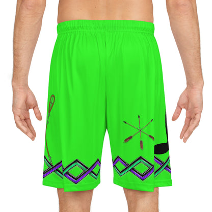 Neon Green Lacrosse Shorts with Beaver & Arrow Pattern — AOP Basketball Shorts