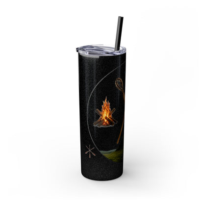 Kialegee 20oz Skinny Tumbler — Faith & Outdoor Lacrosse Design with Cross, Sticks, Campfire