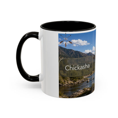 Chickasaw Warrior Statue Scenic Mug — Mythic Landscape Coffee Cup (11oz/15oz)