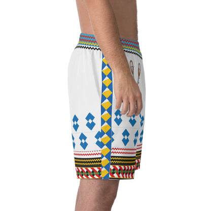 Seminole Tribal Paddle Pattern Men's Beach Shorts — White Geometric AOP Swim Trunks