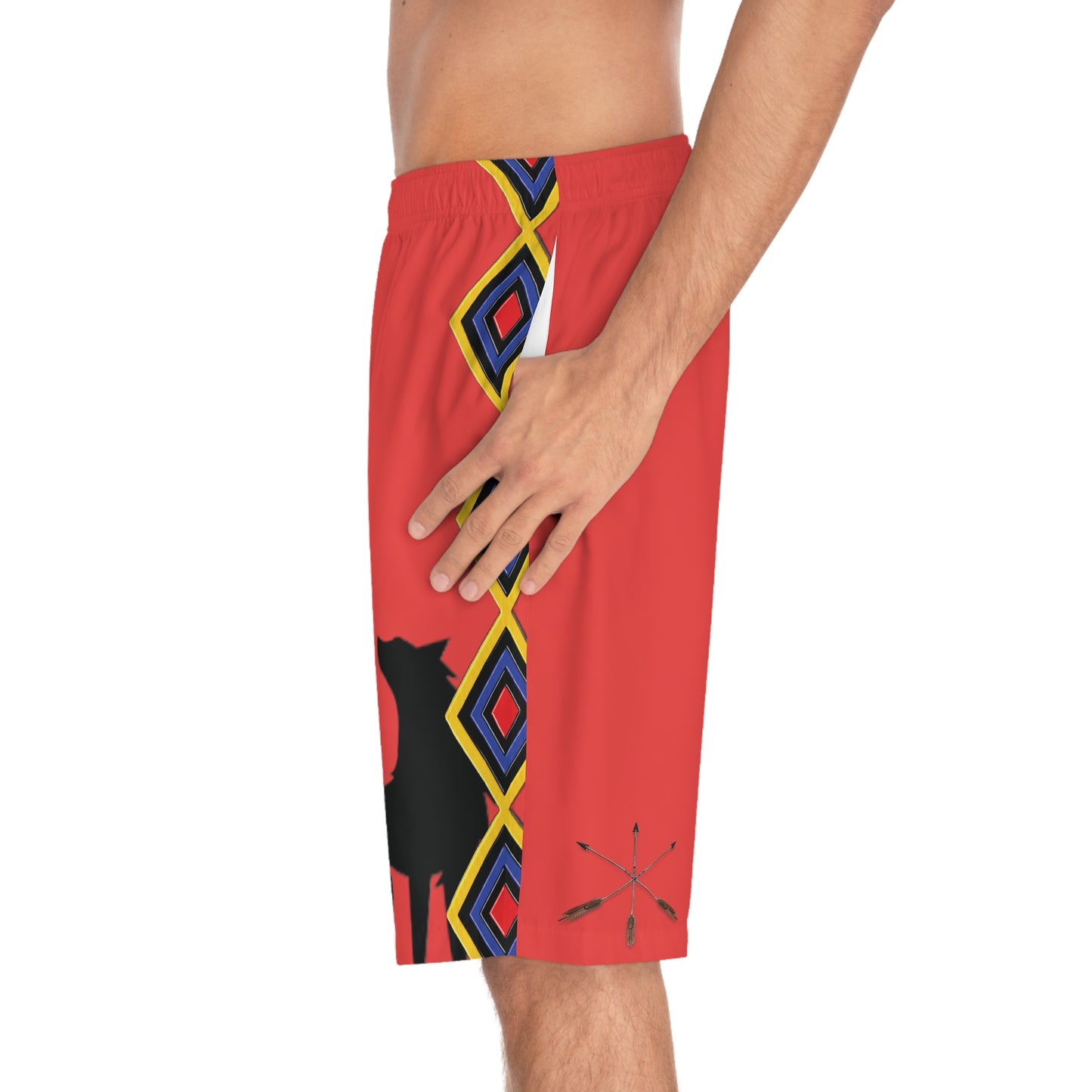 Mvskoke Wolf Silhouette Men's Board Shorts — Black & White Graphic Swim Trunks
