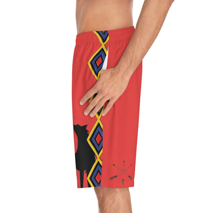Mvskoke Wolf Silhouette Men's Board Shorts — Black & White Graphic Swim Trunks